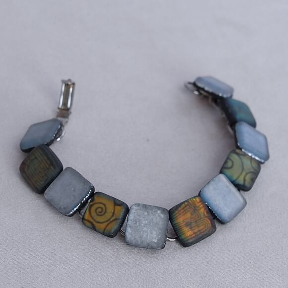 Vintage Dichroic Art Glass Square Link Bracelet Iridescent Finish 7" - Picture 1 of 5